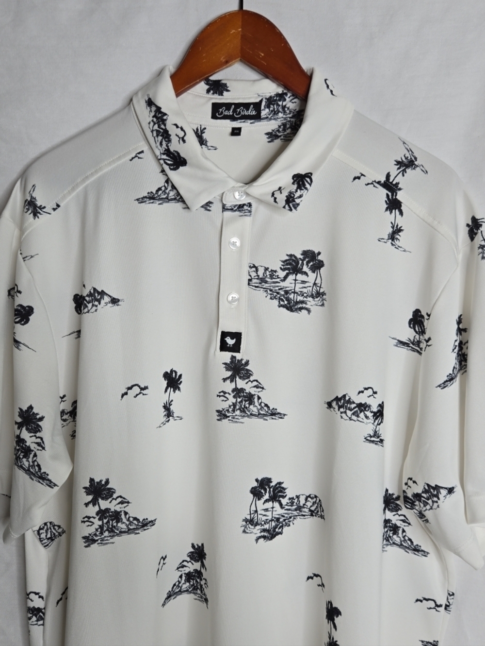 Bad Birdie White Polo with Black Island Print Mens XXL